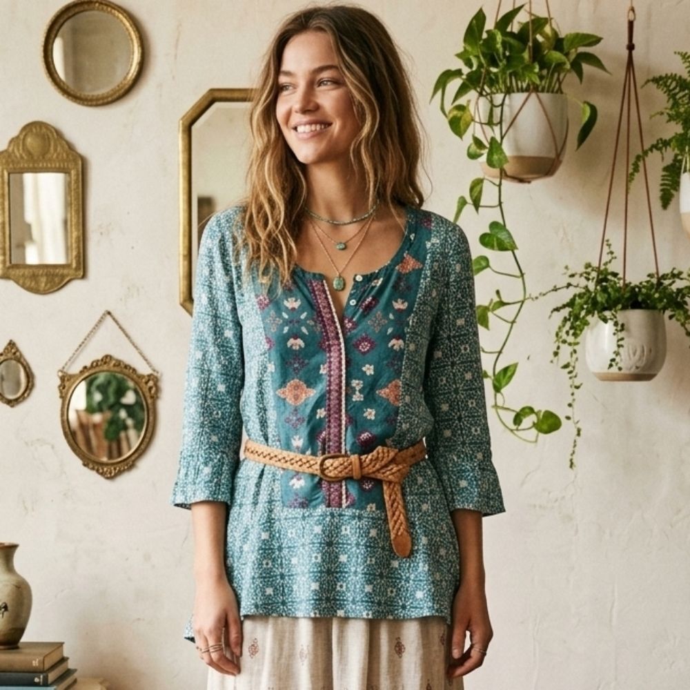 Anthropologie AKEMI + KIN Teal Inkatha Mixed Print Top Shirt Blouse